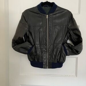 Vintage Black Leather Bomber Jacket with Blue Accents - Beautiful Condition